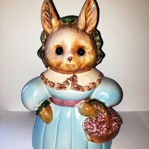 1980s Cookie Jar Easter Mrs Rabbit With Real Like Eyes
